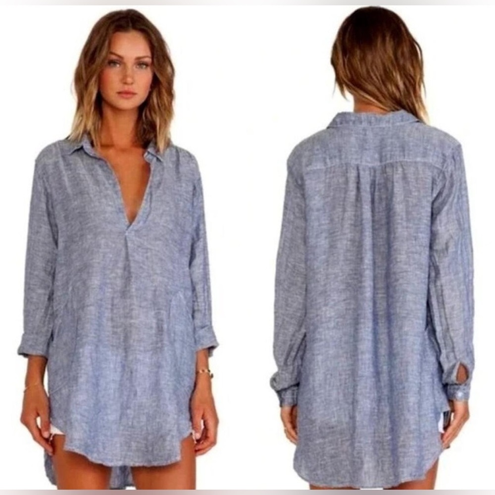 CP Shades Linen TETON Chambray Pullover Tunic Top Large Shirttail Hem V Neck
